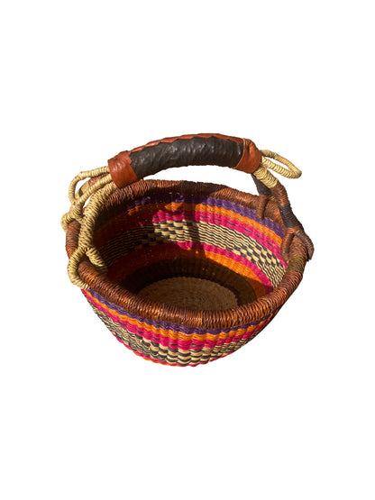 Allzweckkorb „Kano“ – Handgeflochten aus Elefantengras & Ziegenleder (22×25 cm)