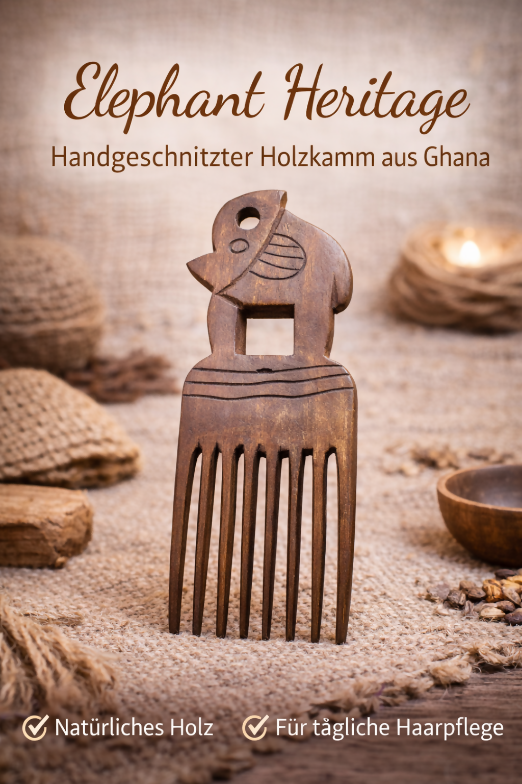 „Elephant Heritage“ Handgeschnitzter Holzkamm aus Ghana