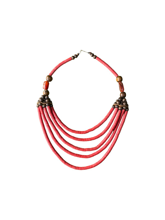 „Color Layers“ Handgefertigte 5-Strang Halskette aus recycelten Coffy Beads und Ossese-Holz
