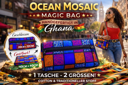 "OCEAN MOSAIC MAGIC BAG" Verwandlungs Mini Tasche aus Cotton und traditionellem Ghana-Stoff
