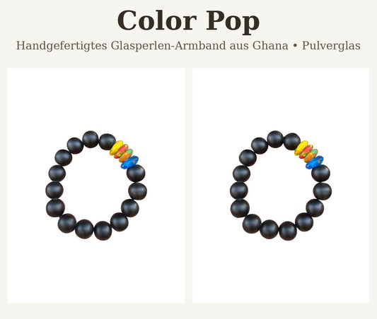 Handgefertigtes Glasperlen-Armband aus Ghana Schwarz mit bunten Akzentperlen (Unisex)